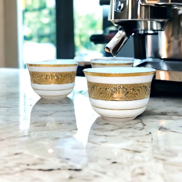 Vintage Turkish Arabic Espresso Coffee Cups Shots White China Gold Leaf Appliqué - Picture 1 of 4